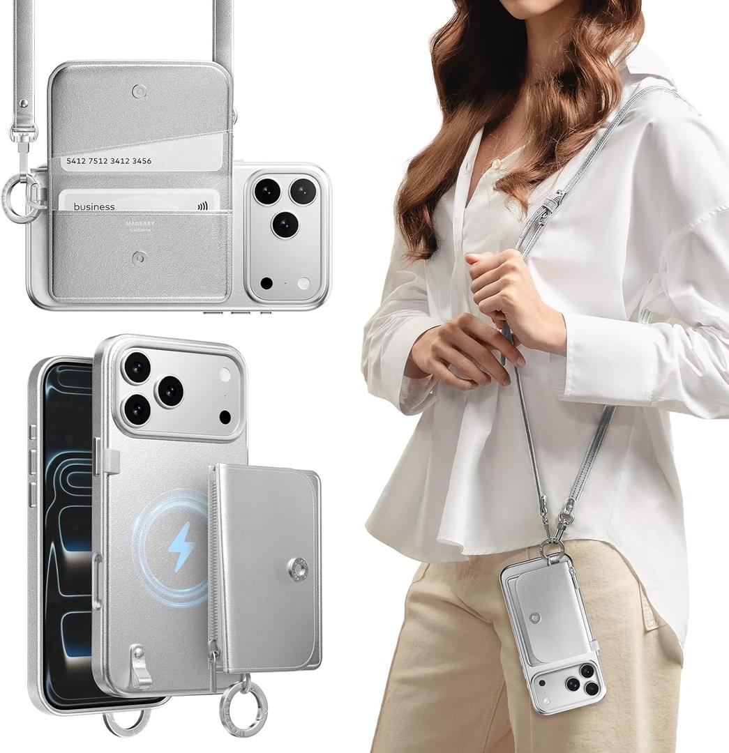 MAGEASY Pouch MagSafe Wallet Case for iPhone 17 Pro Max, Detachable Magnetic Crossbody Case with Strap Adjustable, Drop Protection Leather Purse Case, RFID Blocking Card Holder Coin Pocket (Silver)