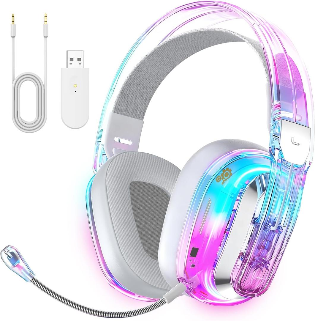 BENGOO Wireless Gaming Headset for PS5, PS4, PC, Switch, Mac, 2.4GHz USB Over Ear Gaming Headphones with Crystal RGB Lights