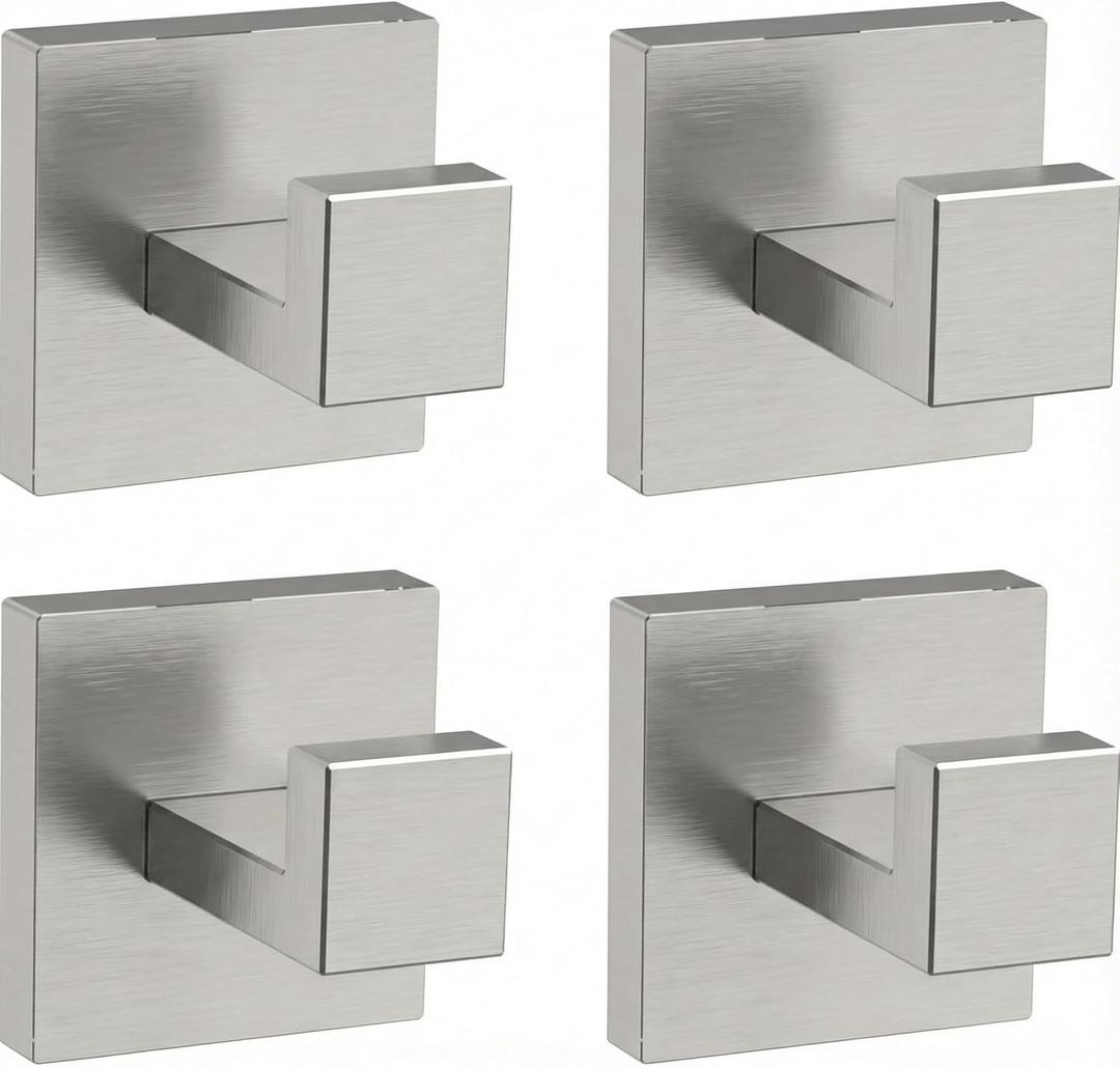 Brushed Nickel Hand Towel Hook 4-Pack, Geometric Series - Stainless Steel Towel Hooks for Bathrooms, Modern Wall Mount Bath Towel Holder with Industrial SUS304 Core