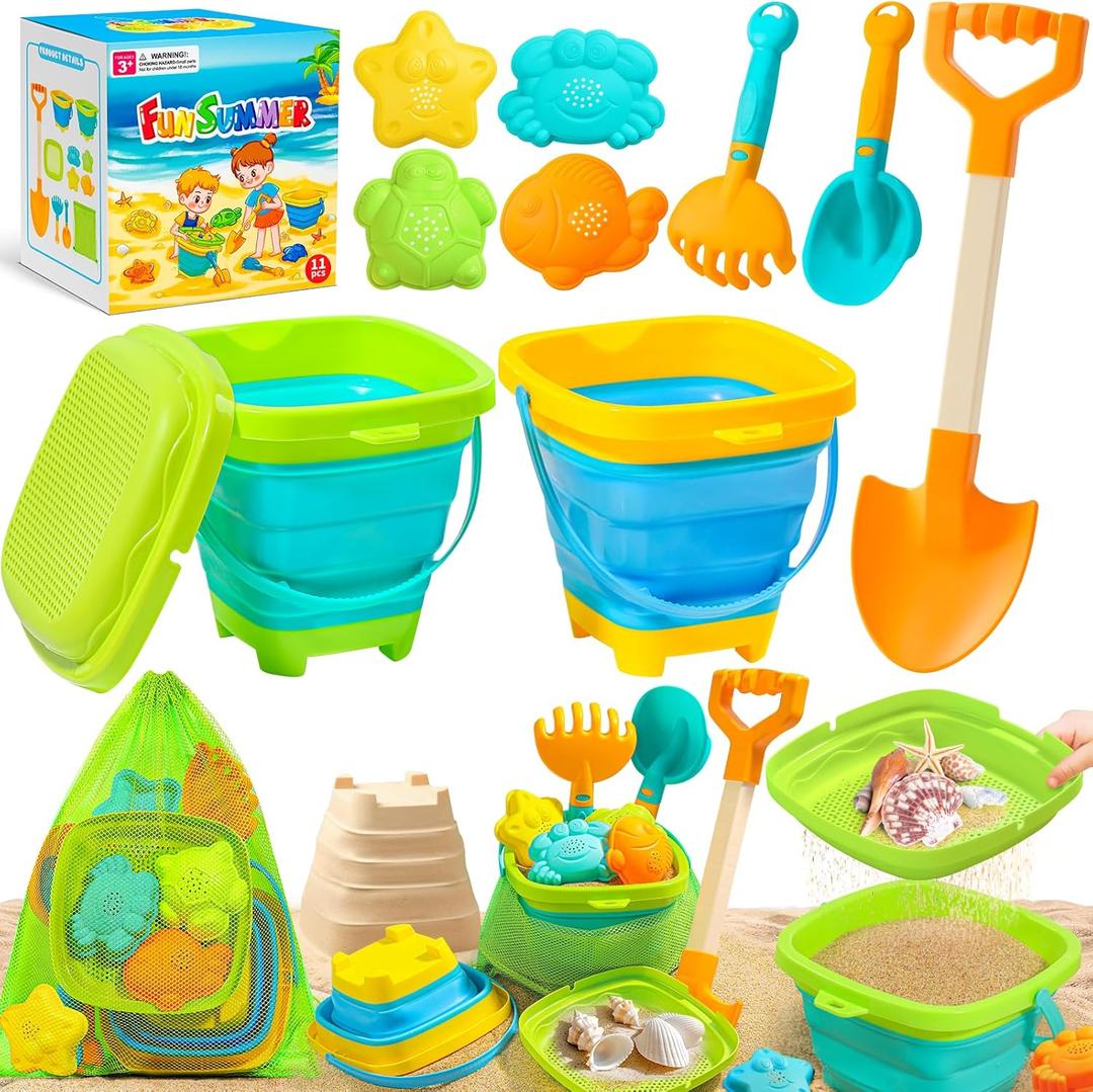 Collapsible Beach Sand Toys for Kids Toddlers, Collapsible Sand Bucket with Sifter Shovels Set with Mesh Bag and Sand Molds, Travel Beach Sandbox Toys for Boys Girls 3 4 5 6 7 8 9 10