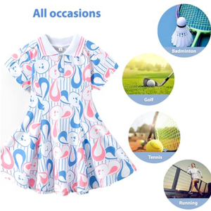 Asegi Girl's Active Sport Dress, Girl's Tennis Dress, Short Sleeve, UPF 50+ Activewear Athletic Polo Golf Dresses, Size 120