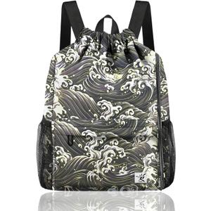 Drawstring Backpack with Mesh Pockets String Gym Bag Sackpack Sandproof Water Resistant Beach Backpack for Men Women (Black Waves)