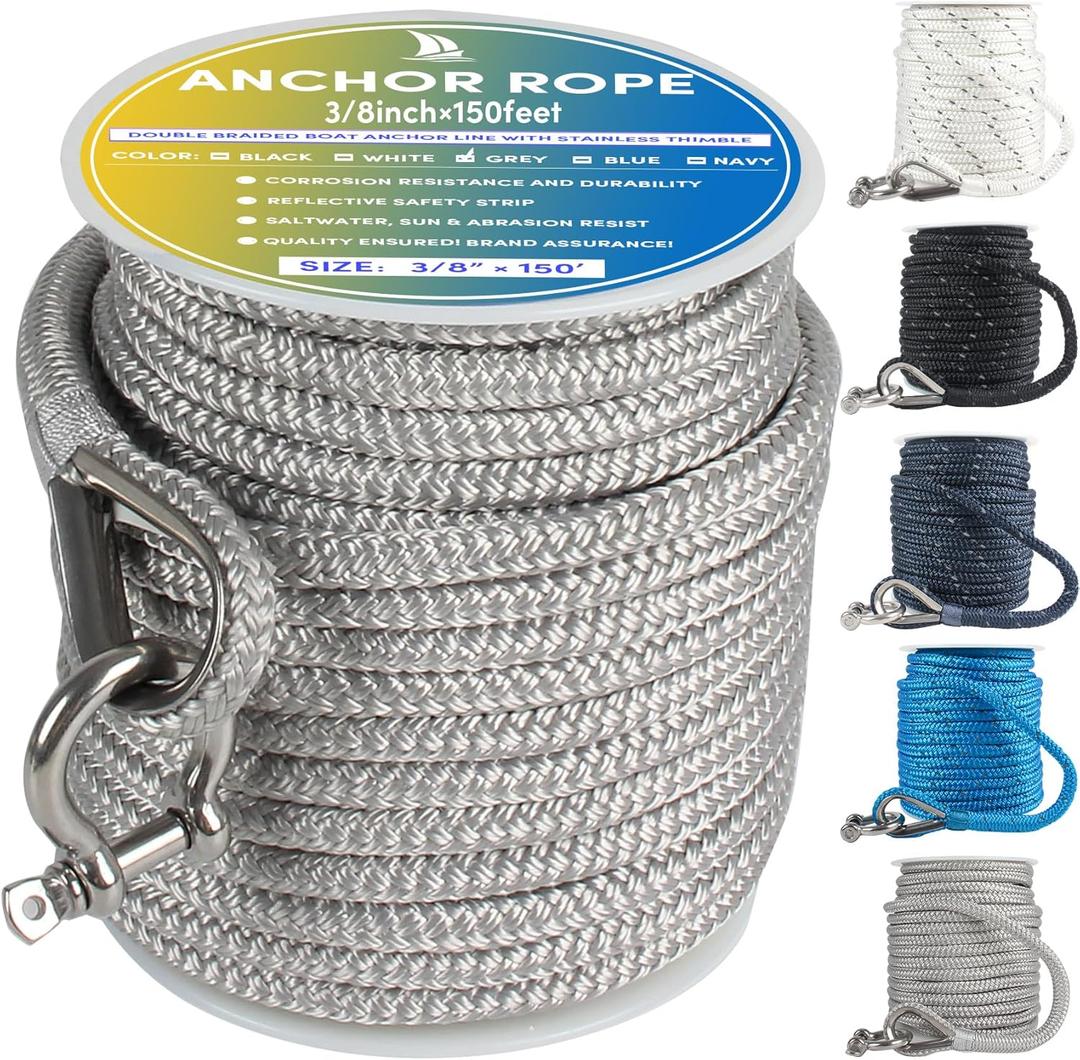 Boat Anchor Rope 150 ft x 3/8 inch Grey, Double Braided Anchor Line with Stainless Steel Thimble & Shackle, Marine Rope Ideal for Towing, Mooring, Decks, Anchoring, for Boats Up to 27'
