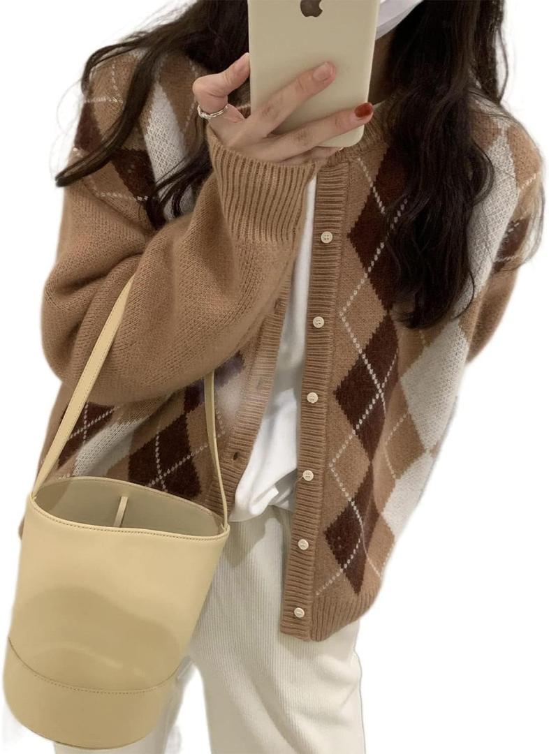 Trendy Fall Sweater for Women 2025 Grunge Argyle Plaid Preppy Y2K E-Girl Cardigan Chunky Knit Vintage Grandpa Sweater