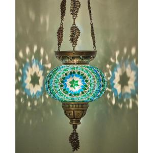 DEMMEX Turkish Moroccan Colorful Mosaic Bohemian Boho Hanging Candle Holder Lantern with Handmade Colorful Glass Globe and Metal Leaf Chains, 24" (Cutsie)