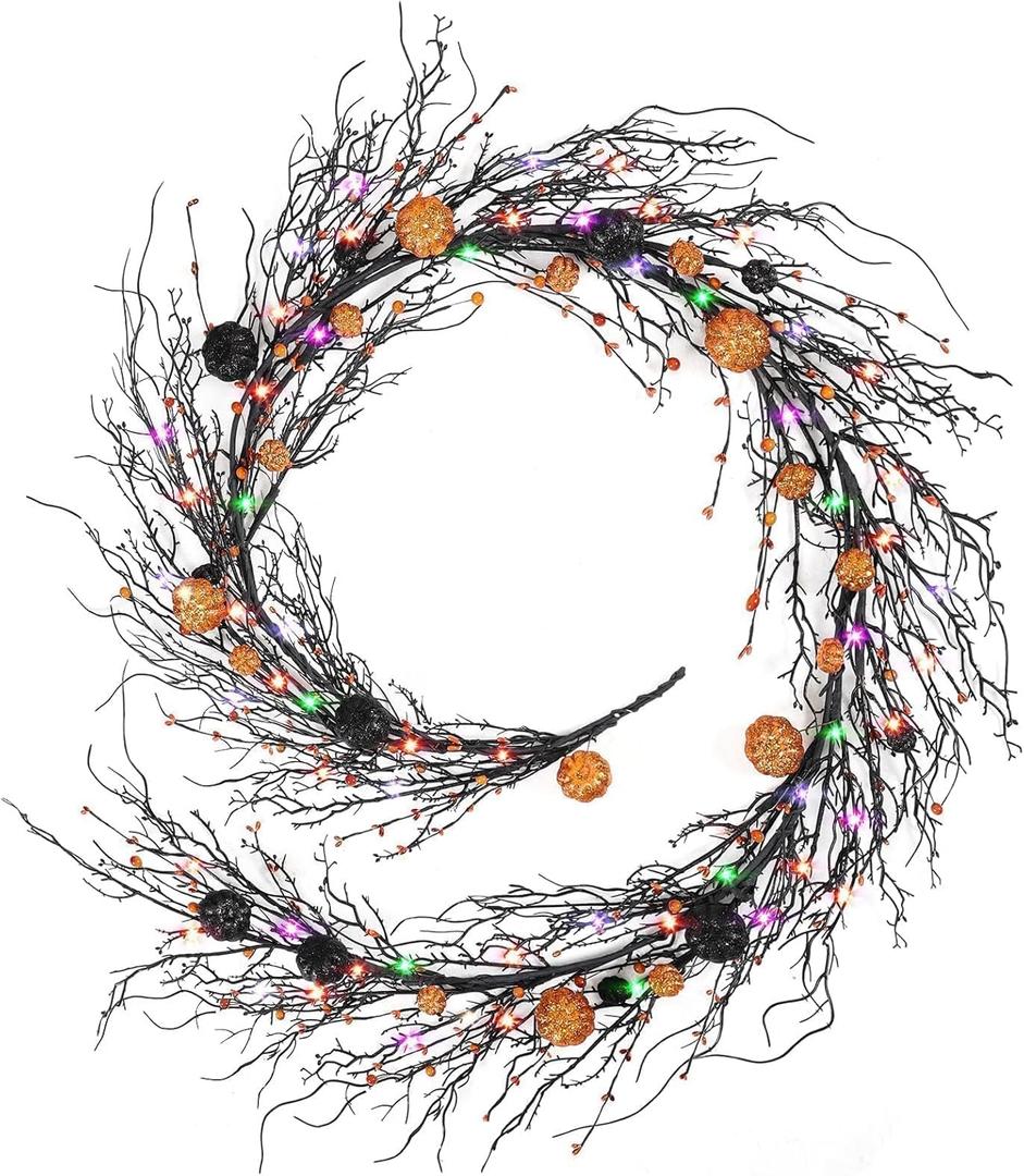 6.5 Ft Halloween Garland Black Willow Vine Decor with 9.8FT Lights Artificial Branches Berries Pumpkin Vines Halloween Realistic Garland for Home Fireplace Table Window Mantle Party Holiday Decor