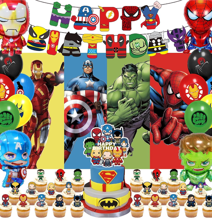 xisudwwdj 55 Pcs Hero Party Decorations,Birthday Decorations Include Banners,Cake Topper,Cupcake Topper,Latex Balloon,Shaped Aluminum Balloon,Backdrop Super Movie Theme Party