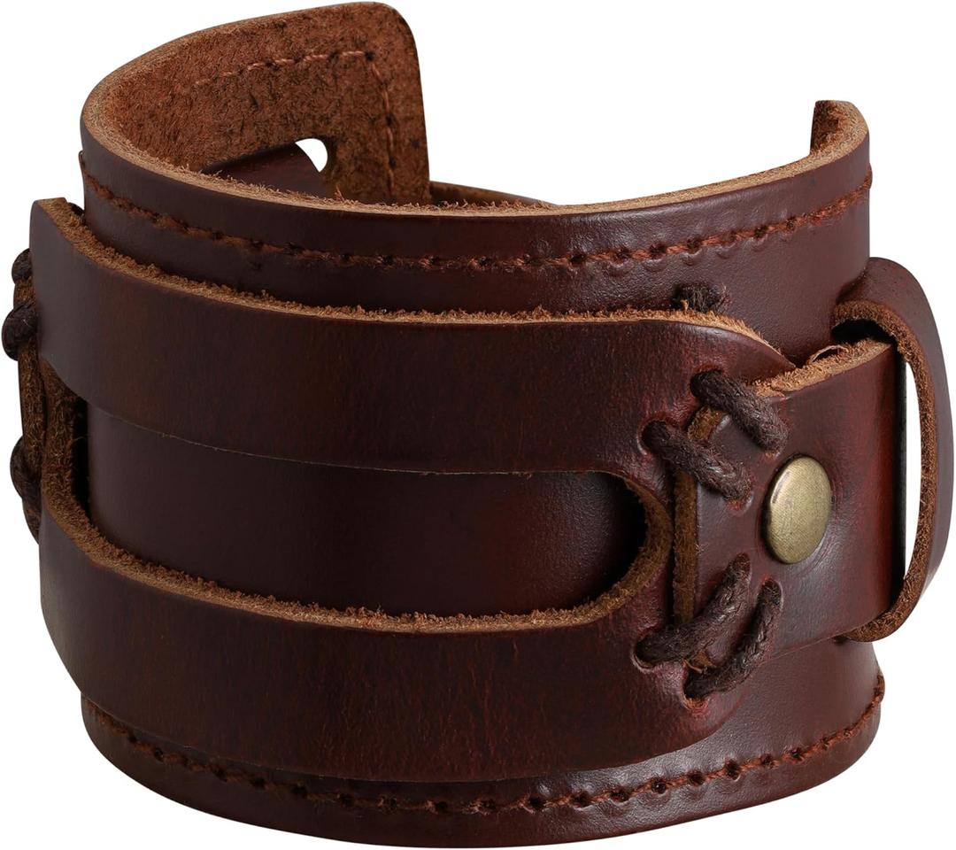 HAQUIL Men's Punk Leather Cuff  Gothic Viking Braided Wrap Bracelet with Adjustable Fit, Large, Black, Brown