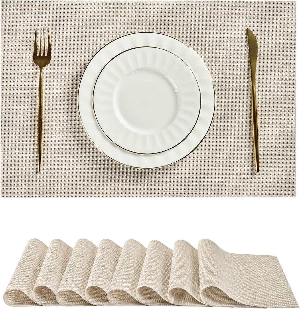 Leetaltree Beige White Placemats Set of 8 - Heat Resistant Non-Slip Place mats for Dining Table, Washable Durable PVC Vinyl Woven Table Mats(Beige White, 8)