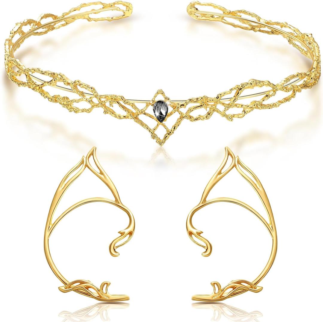 Kacctyen Halloween Fairy Leaf Headband Elf Ear Cuffs Elf Crown Cosplay Accessories for Women Halloween Pageant Wedding Prom (Gold)