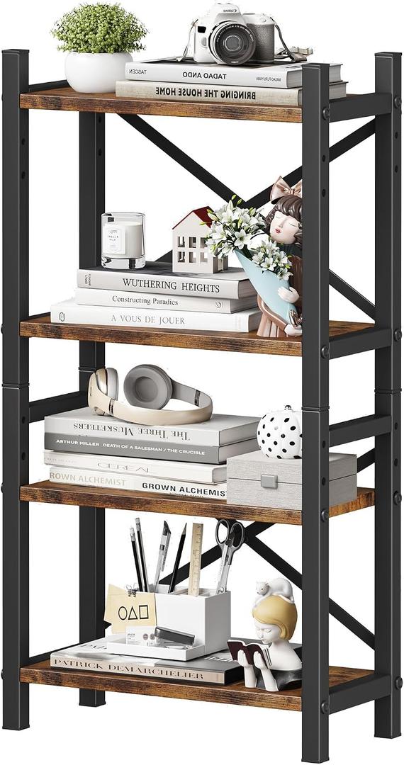 Desktop Bookshelf, 4-Tier Stackable Narrow Bookcase, Adjustable Industrial Desk Organizer & Hutch - Rustic Brown Wood Desktop Book Organizer for Living Room, Bedroom & Home Office