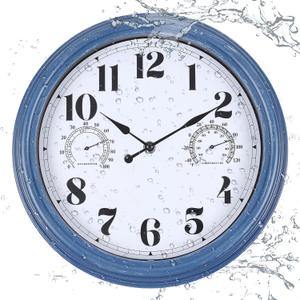 12 inch Outdoor Clock Blue Waterproof Wall Clock with Temperature | Water Resistant Outdoor Clocks for Patio Garden