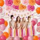 Pink and Orange Birthday Party Decorations Happy Birthday Banner Hot Pink Confetti Balloons Tissue Pom Poms Tassel Garland Pink Orange Party Decor Supplies for Women Girls