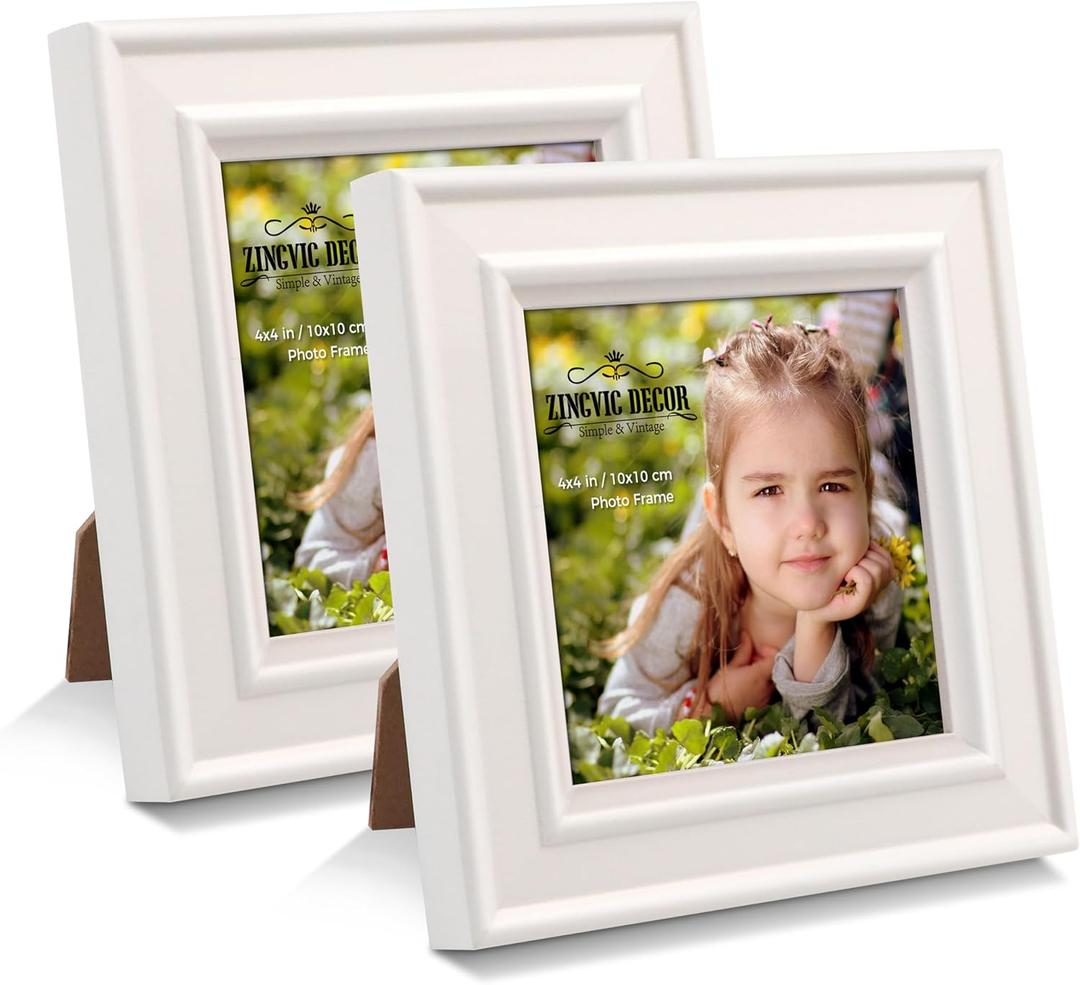 2Pcs 4x4 Wood Picture Frames, Distressed Small Square Frames, Window 3.5 x 3.5 Pictures, Perfect for Table Desk Top or Wall Hanging, White Color