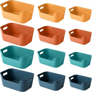 OWill 12-Pack Mixed Plastic Storage Bins and Baskets for Efficient Home Classroom Organization - Small Containers in Multiple Colors for Kitchen, Cupboard Box, Bathroom Organizer on Shelves and Tubs