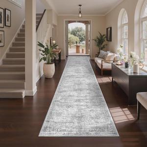 3x12 Runner Rug for Hallway, Non-Slip Long Bathroom Rugs Runner for Kitchen, Bedroom, Soft Vintage Abstract Washable Rug for Entryway, Thin Floor Mat for Dining Room(3'x12', Grey/Ivory)