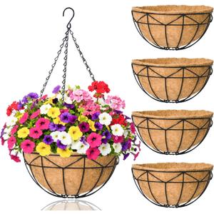 4 Pack 14 Inch Hanging Baskets for Plants Outdoor Metal Hanging Planters with Coco Coir Liner Round Wire Plant Holder Hanging Flower Pots for Outdoor Patio Lawn Balcony Garden Decor - Geometric