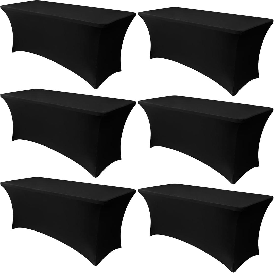 Obstal 6 Pack Stretch Spandex Table Covers for 6 Foot Tables - 6 FT Universal Rectangular Fitted Tablecloth Protector for Wedding, Banquet, Party (Black, 72 Length x 30 Width x 30 Height Inches)