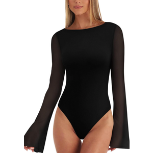 REORIA Women's Trendy Sexy Boat Neck Bell Sleeve Sheer Mesh Going Out Bodysuit Tops, XL