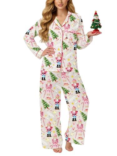 Leyajedol Women Christmas Satin Silk 2 Piece Pajama Set Button Down Santa Print Long Sleeve Pants Pjs Holiday Sleepwear (F Creamy White, M)