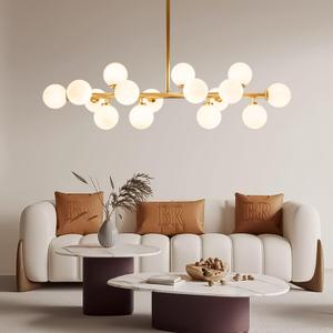 Mid Century Modern Chandelier Brass Gold Pendant Lighting Fixture Linear Chandeliers for Kitchen Island, Dining Room 16-Light