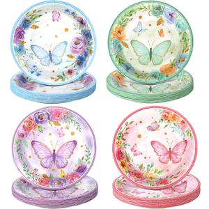 80 Pieces Butterfly Birthday Party Plates, 7 Inch Butterfly Paper Plates Spring Floral Disposable Dinnerware Decoration for Baby Shower Bridal Wedding Party Supplies