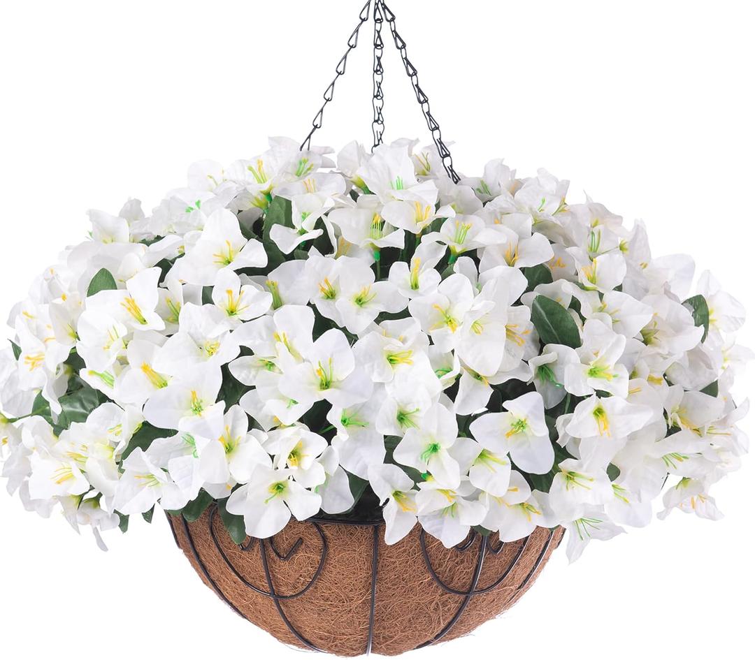 Artificial Hanging Flowers Plant with Basket for Outdoors, Fake Hanging Plants Silk Bougainvillea in Planter Look Real UV Resistant Faux Flower for Porch Patio Garden Home Decor, White 