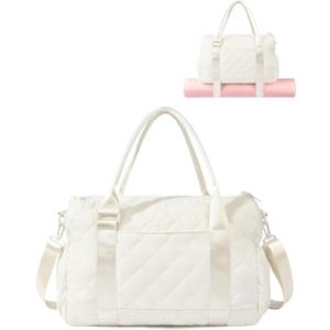 Gym Bag for Women with Yoga Mat Holder, Small Mini Gym Tote Bag Puffy Quilted Lightweight Sports Duffel Bag with Wet Compartment for Dance Yoga Workout Travel - Beige