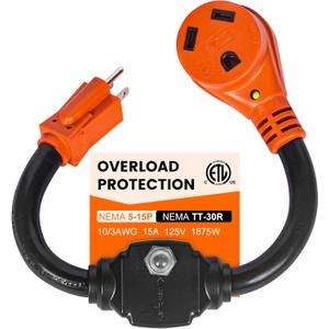 Overload Protector 30 Amp to 110 Volt RV Adapter with Circuit Breaker, 30A to 15A / 20A Household Adapter, NEMA 5-15P to NEMA TT-30R Power Adapter with LED Power Indicator, ETL Listed