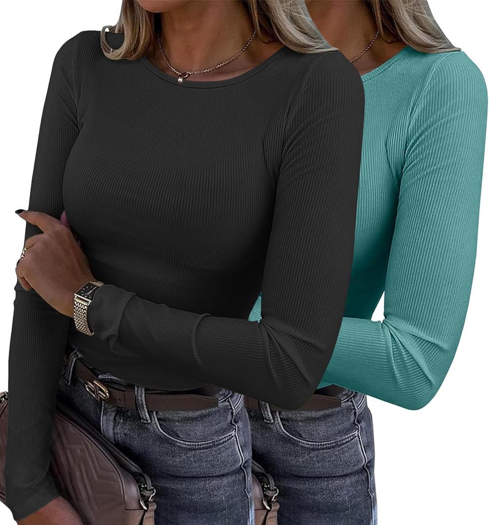 Zeagoo Womens Ribbed Fitted Crop Tops Long Sleeve T Shirts Basic Scoop Neck Casual Slim Fitted Y2k Clothes 2025 (XX-Large, Black,haze Blue)