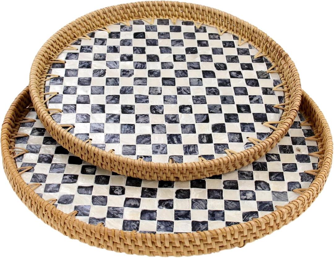 2 Pcs 11.8in & 13.8in Round Rattan Mother of Pearl Inlay Serving Tray