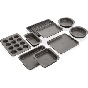 Ninja B39010 Foodi NeverStick Premium 10-Piece Bakeware Sheet Set, Oven Safe up to 500F, with (2) Baking Sheets, Cookie Sheet, Loaf Pan, Muffin Pan, (4) Cake Pans & Cooling/Roasting Rack, Grey