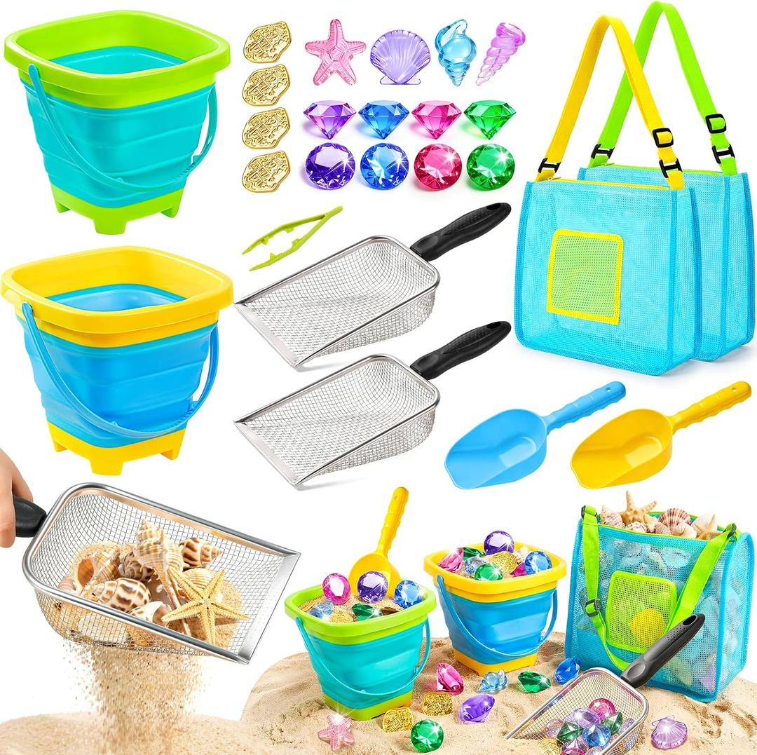 DISHIO Beach Toys for Kids, 25 Pcs Metal Sand Sifter & Collapsible Beach Buckets Set, Stainless Steel Sand Shovel, Sandcastle Building Kit with Mesh Bag, Travel Sand Toys for Toddlers Age 3-10