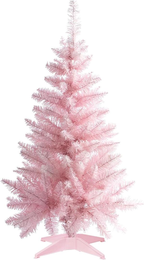 Senjie 3FT Mini Christmas Tree, 160 PVC Branch Tips, Cherry Blossom Pink, Battery Operated