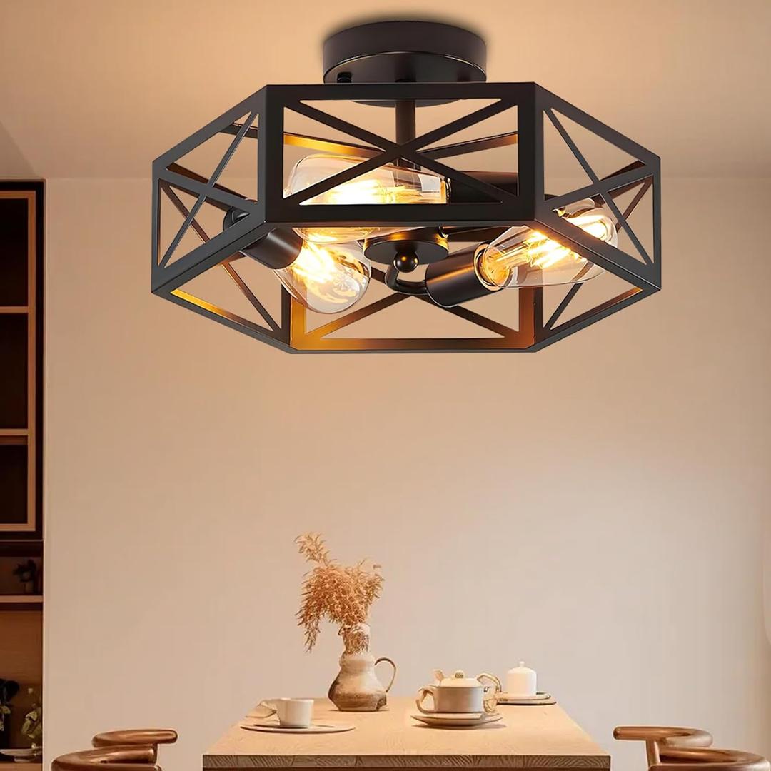 Gugxiom 3 Light Semi Flush Mount Ceiling Light, Modern Farmhouse Living Room Light Fixture, Black Light Fixture, Modern Metal Hexagon Cage Ceiling Lamp for Kitchen Bathroom (3