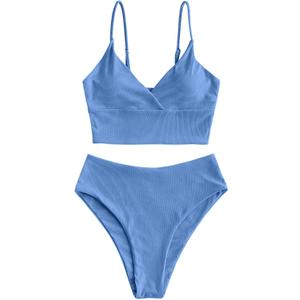 ZAFUL Women Tankini Set, Ribbed High Cut Surplice Swimsuit Bathing Suit with Spaghetti Straps, Size: M
