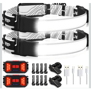 Adelante LED Headlamp Flashlight, 1000LM 230Wide-Beam USB Rechargeable Head Light with Taillight(Individual Control) & 8 Clips Waterproof Headlight Headlamps for Running and Camping (2 Pack, Black)