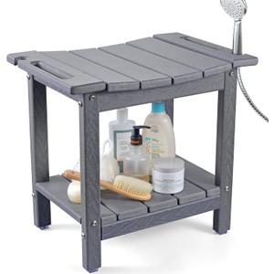 LyriFine Shower Bench - HDPE Waterproof Shower Bench for Inside Shower, 18.7" Shower Stool with Shower Head Holder, 350lbs Shower Seat with Storage Shelf, Shower Chair for Bathroom Indoor Outdoor Use (Grey)