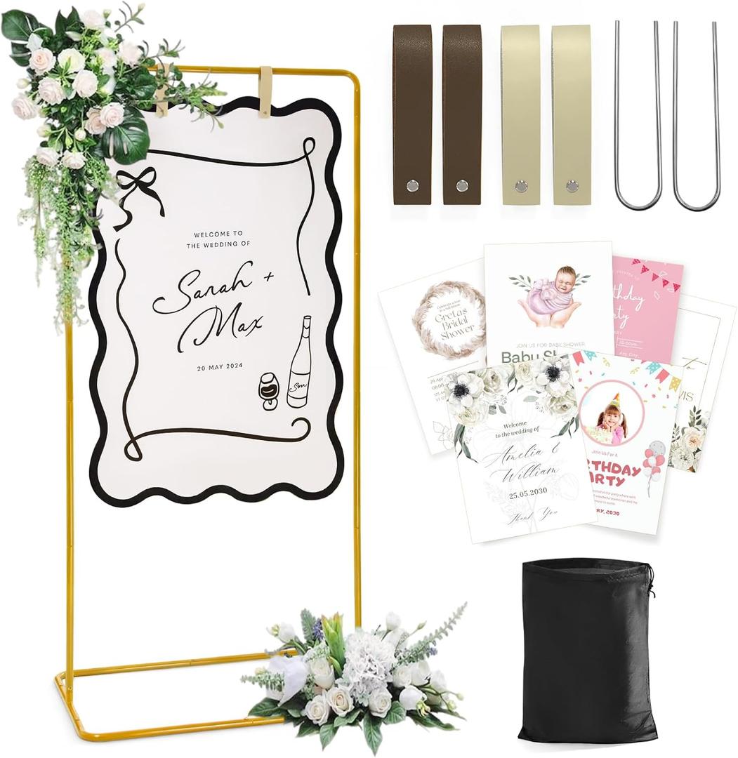 Wedding Welcome Sign Stand, Welcome to our Wedding Sign Holder, Gold Easel Stand for Sign Poster With Design Bundle & Ground Stakes & Leather Sign Hanging Straps, Linen Sign Stand for Wedding Decor