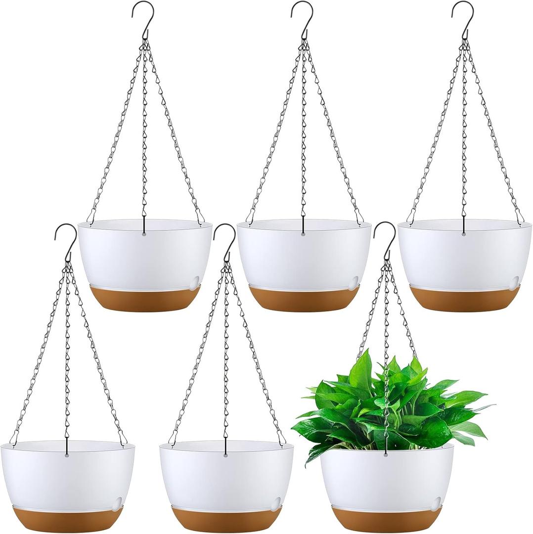 6 Pcs 10 Inch Christmas Hanging Planter Hanging Plant Pot Plastic Round Hanging Baskets for Plants Indoor Flower Pot with Drainage Holes Removable Trays for Garden Home Patio(White)