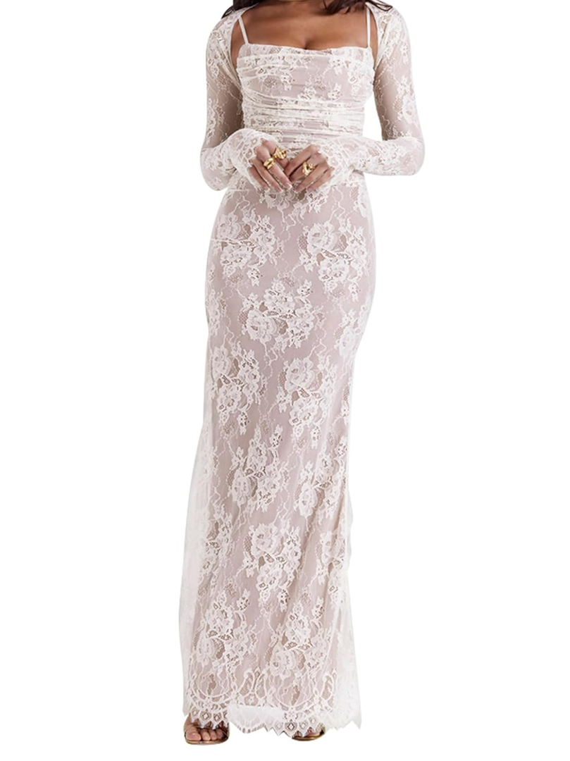 Medium Size Women Vintage Cream Lace Maxi Dress Romantic Long Sleevees Lace Bodycon Dress