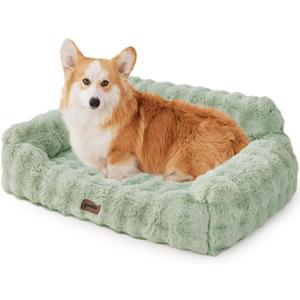 Green Dog Bed for Large Dogs-Orthopedic Dog Couch Bed with Supportive Egg Foam, Fluffy Faux Fur Pet Sofa with Removable Washable Cover and Non-Slip Bottom (35.0"L x 25.0"W x 12.5"Th)
