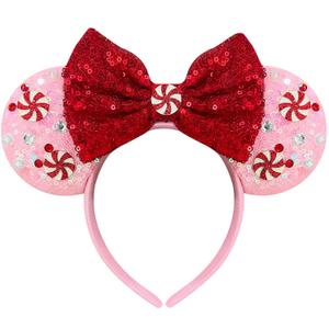 Christams Mouse Ears Headband for Women, Red Bows Spiral Beads Pink Hairband Christams Party Favors