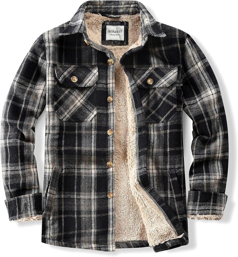 WINDFIT Men's Shirt Jacket Casual Button Down Shacket Flannel Jacket Warm Soft Plaid for Men Black, Large