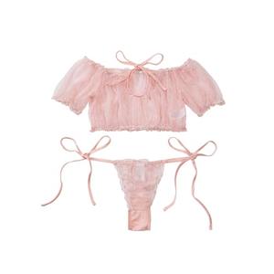 Lilosy Sexy Stretch Ruffle Tie Sheer Mesh Lingerie Set Outfits 2 Piece Women Kawaii Cute See Through Matching Bra Panty Underwear Polka Dot Pink Medium Medium