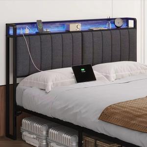 King Size Upholstered Headboard with LED Lights & Charging Station, USB & Type C Port, Linen Upholstery, King Headboard Only, Height Adjustable Attach Frame Sturdy and Stable Easy Assembly