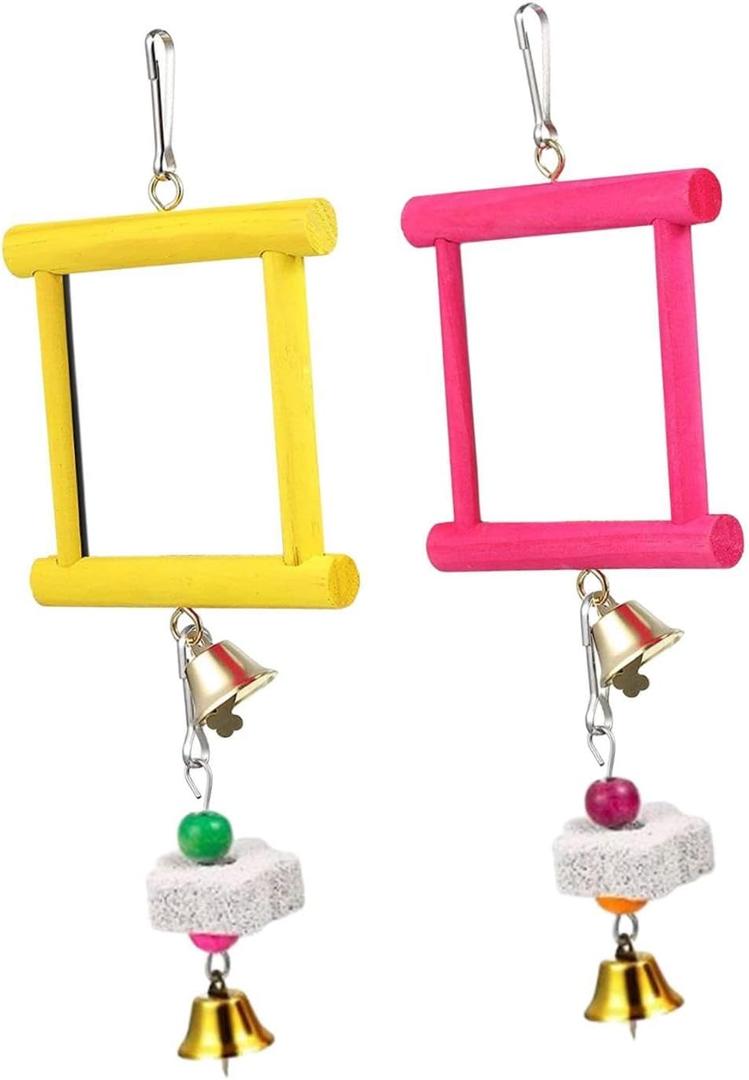 2Pcs Chicken Mirror Toys with Bell,Cage Accessories Wooden Pecking Toy Beak Grinding Stones for Parrots Finches Birds, Red Yellow