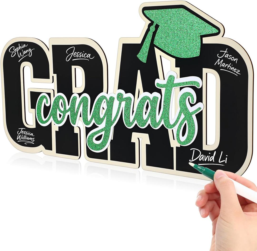 Qunclay Class of 2026 Wood Signs Graduation Party Decorations 2026 Congrats Grad Sign Wooden Signature Board with Pen Graduation Photo Booth Prop for High School College Grad Party Supplies(Green)