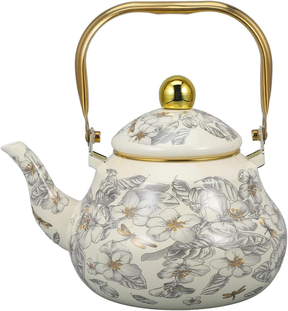 Cabilock 2.1 Quart Vintage Enamel Tea Kettle-Enamel Teapot floral with Cool Touch Porcelain Handle for Stovetop Home Kitchen Decor.