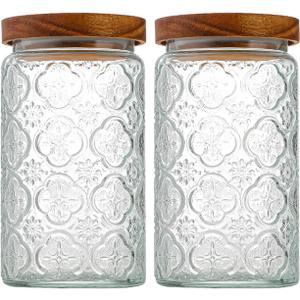 35oz/1000ml Glass Storage Jars with Nature Wood Lids, Airtight Food Storage Containers for Kitchen Organization, Large Capacity for Cookie, Pasta, Sugar, Flour, Cereal - Set of 2 (pattern)